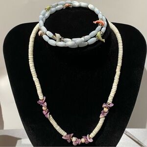 2-Piece Beach Jewelry Dolphin Stretch Bracelet & Heishi Shell Bead Necklace